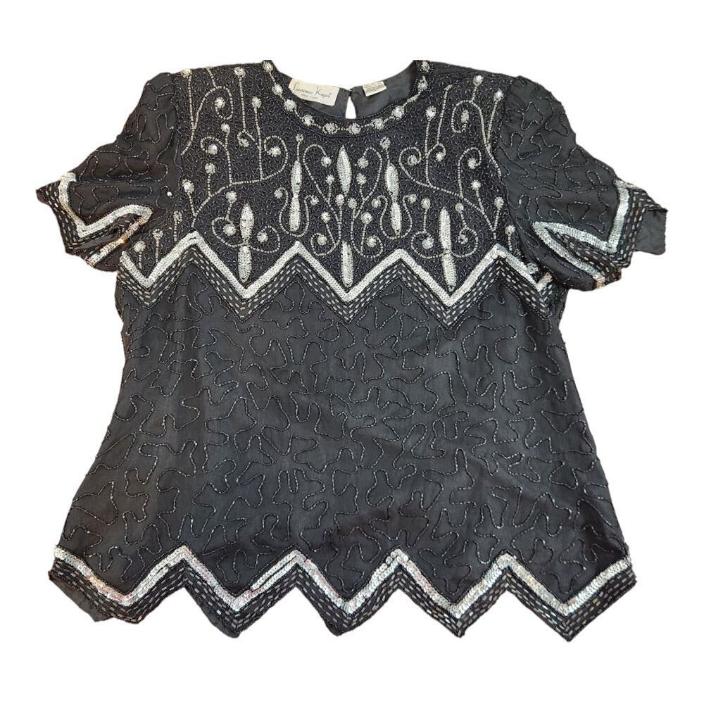 Laurence Kazar New‎ York silk beaded blouse sz large black silver lined formal